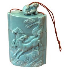 Japanese Resin Three Section Hand Carved Inro & Netsuke of Horses