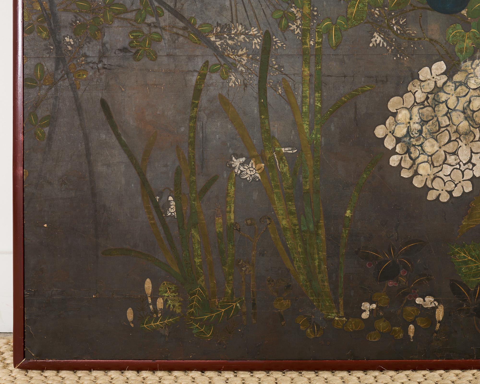 Japanese Rimpa Two Panel Screen Moonlit Landscape with Flowers 4