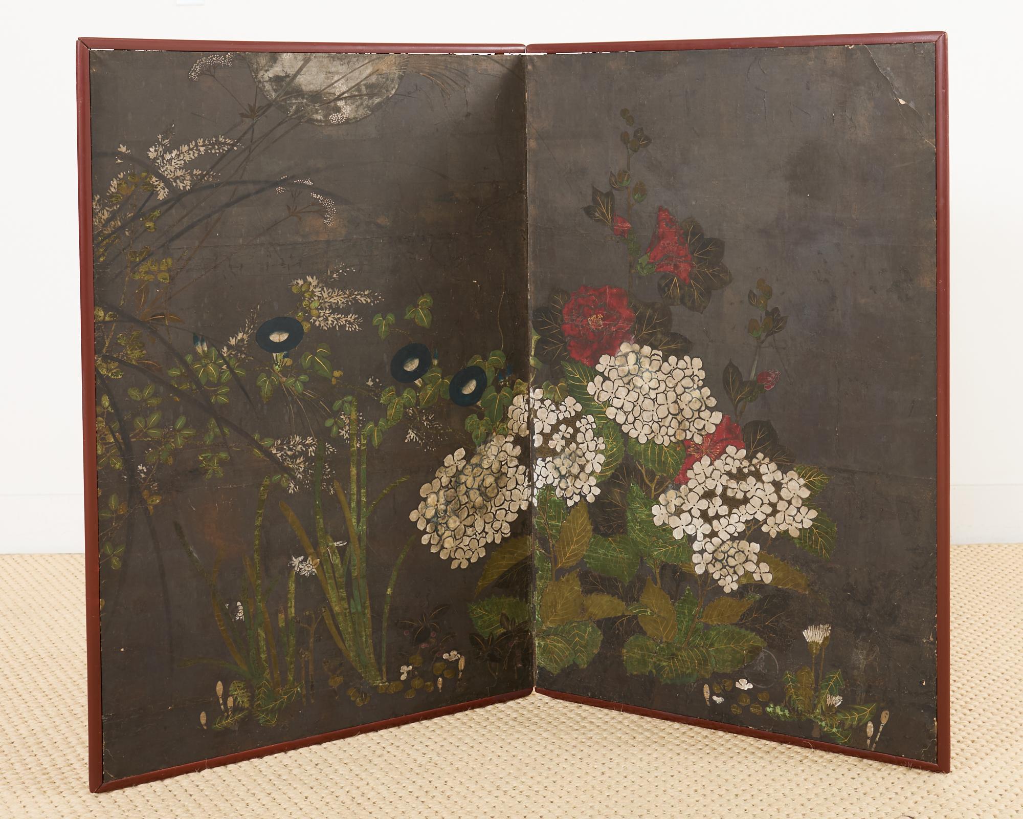 Japanese Rimpa Two Panel Screen Moonlit Landscape with Flowers 9