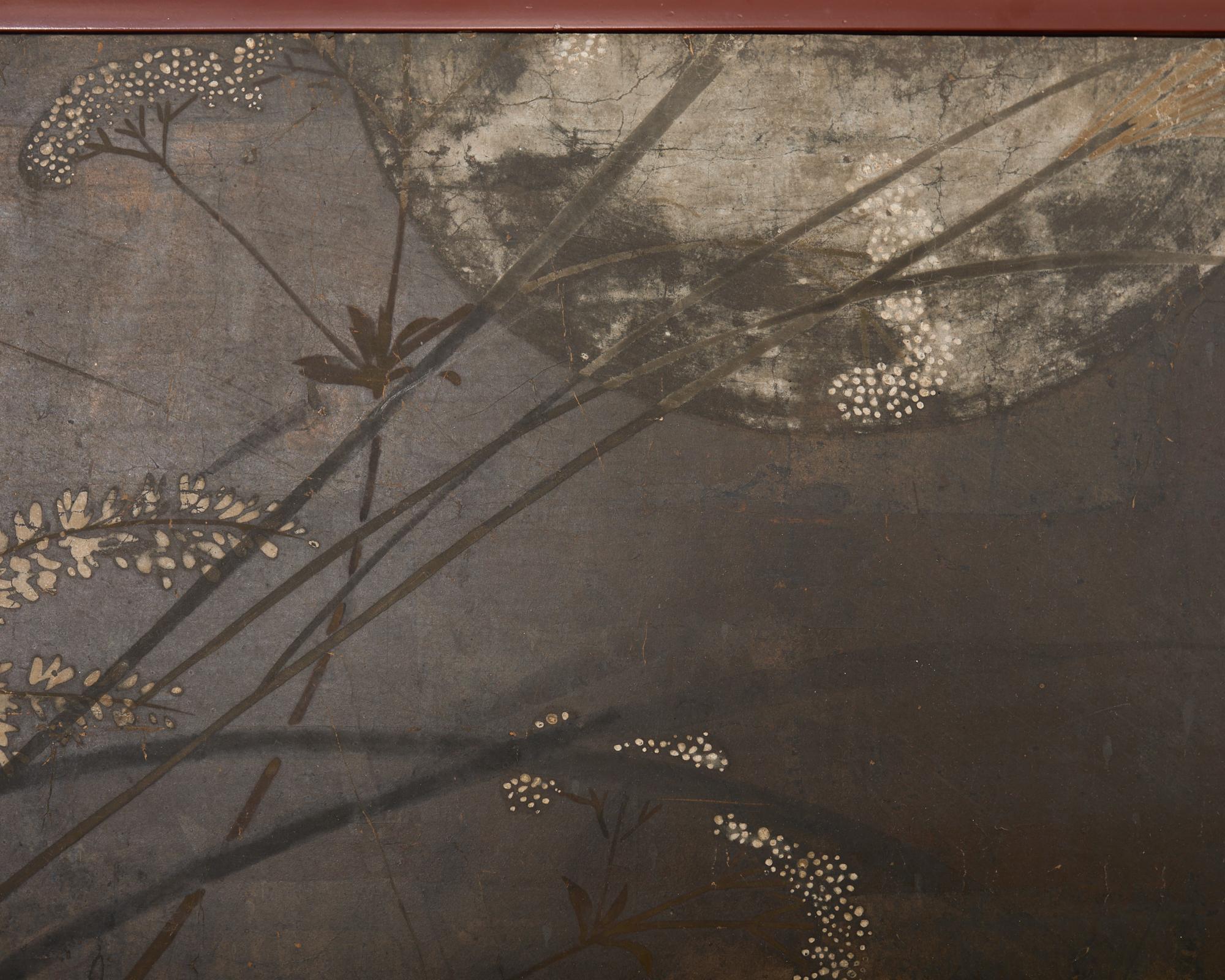 Japanese Rimpa Two Panel Screen Moonlit Landscape with Flowers 11