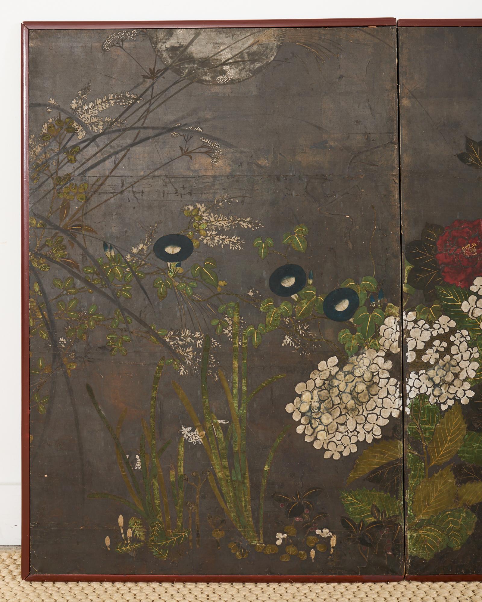 Edo Japanese Rimpa Two Panel Screen Moonlit Landscape with Flowers