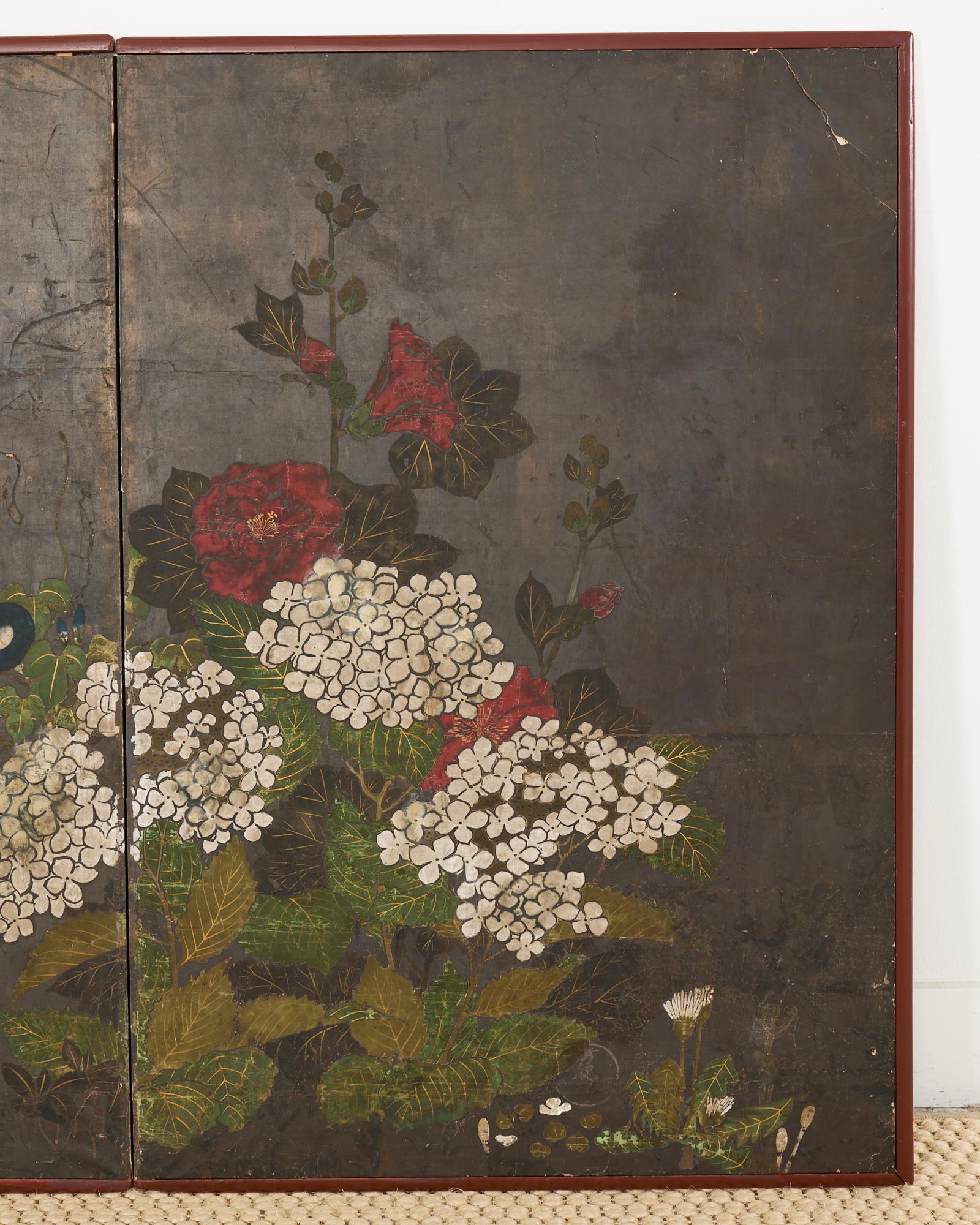 Hand-Crafted Japanese Rimpa Two Panel Screen Moonlit Landscape with Flowers