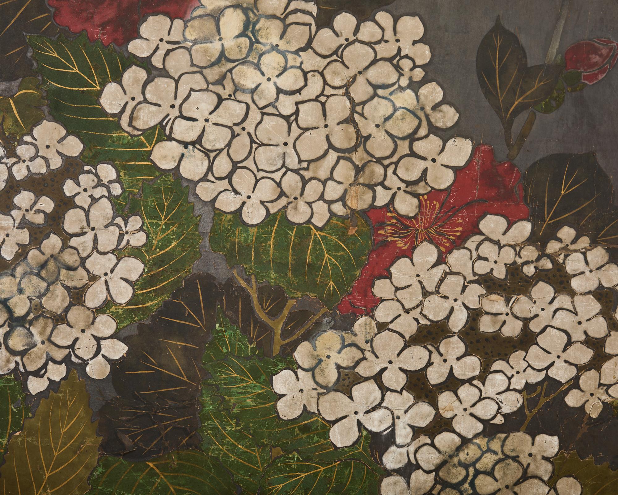 Japanese Rimpa Two Panel Screen Moonlit Landscape with Flowers In Distressed Condition In Rio Vista, CA