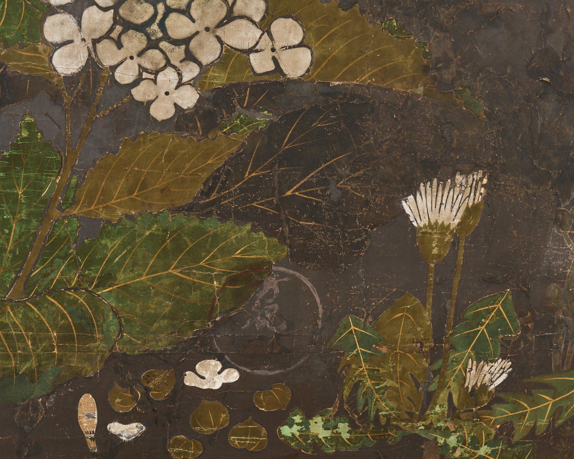 19th Century Japanese Rimpa Two Panel Screen Moonlit Landscape with Flowers