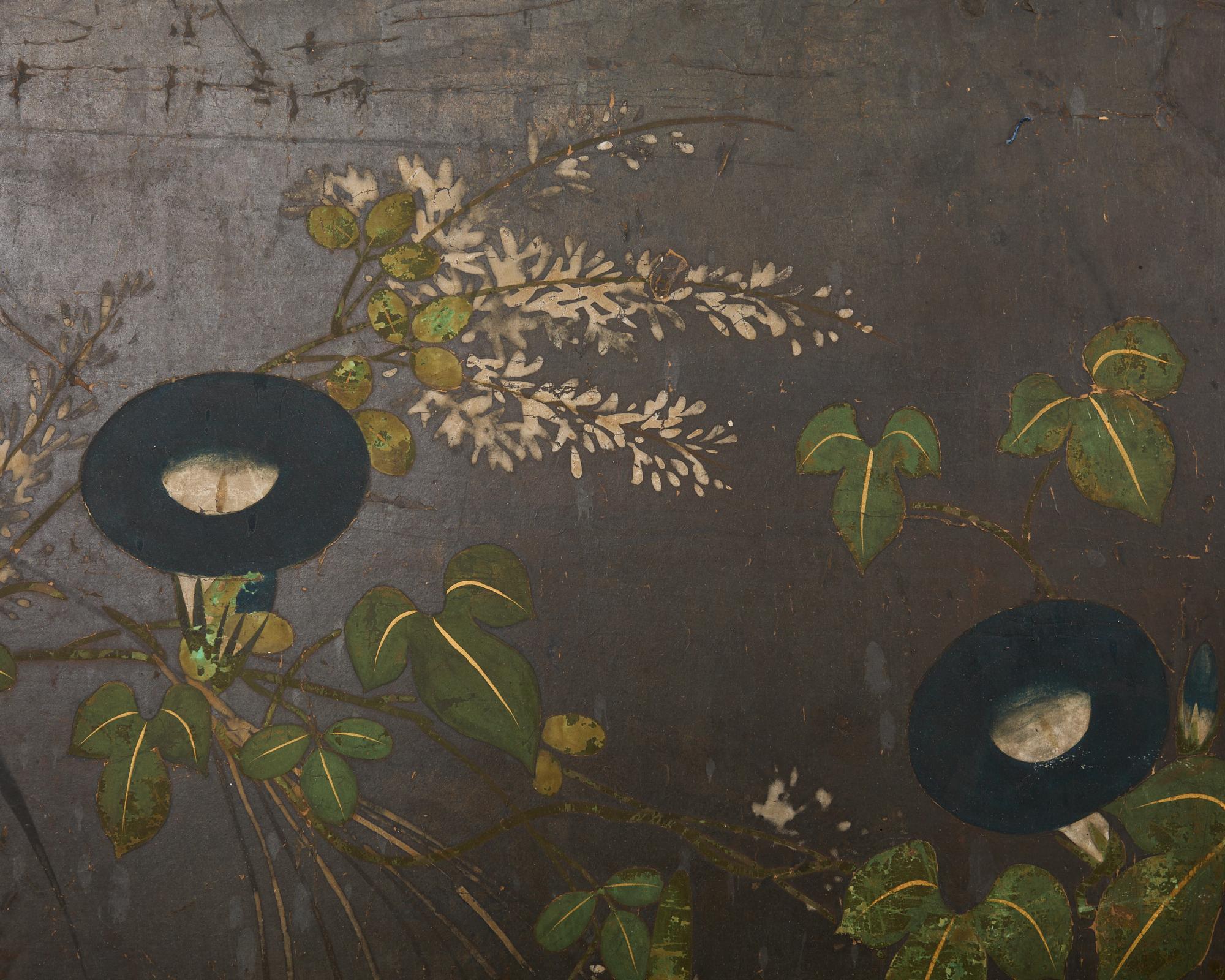 Silver Leaf Japanese Rimpa Two Panel Screen Moonlit Landscape with Flowers