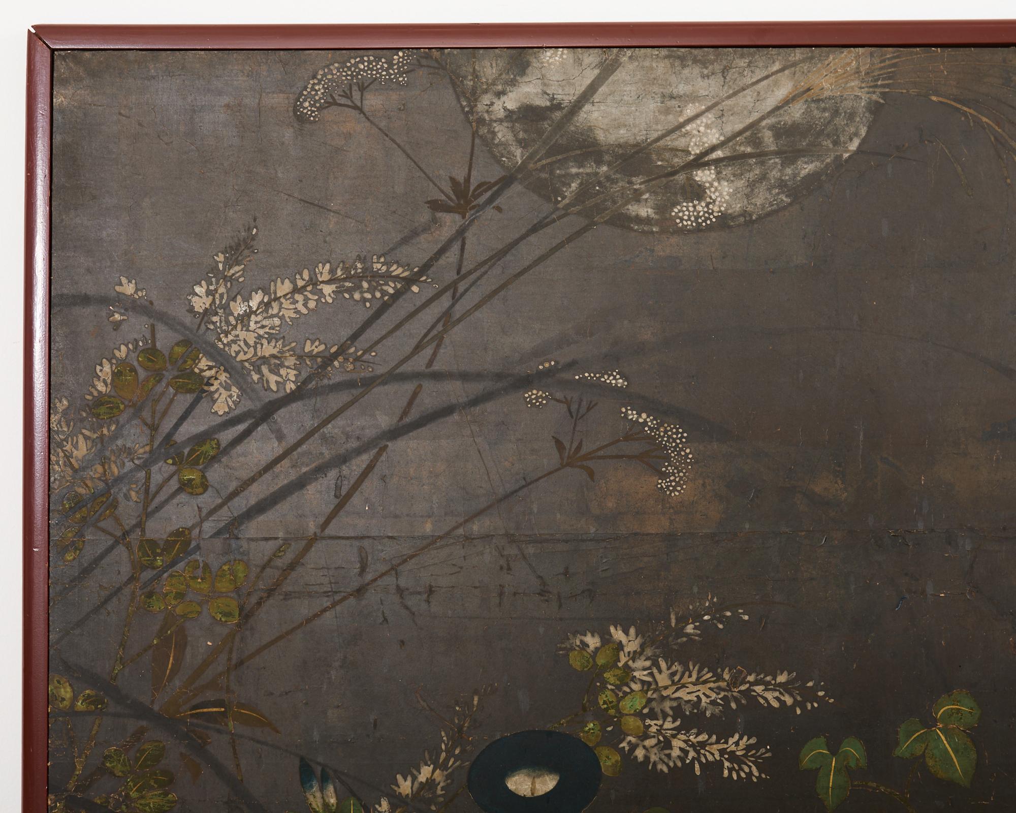 Japanese Rimpa Two Panel Screen Moonlit Landscape with Flowers 1