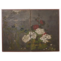 Japanese Rimpa Two Panel Screen Moonlit Landscape with Flowers