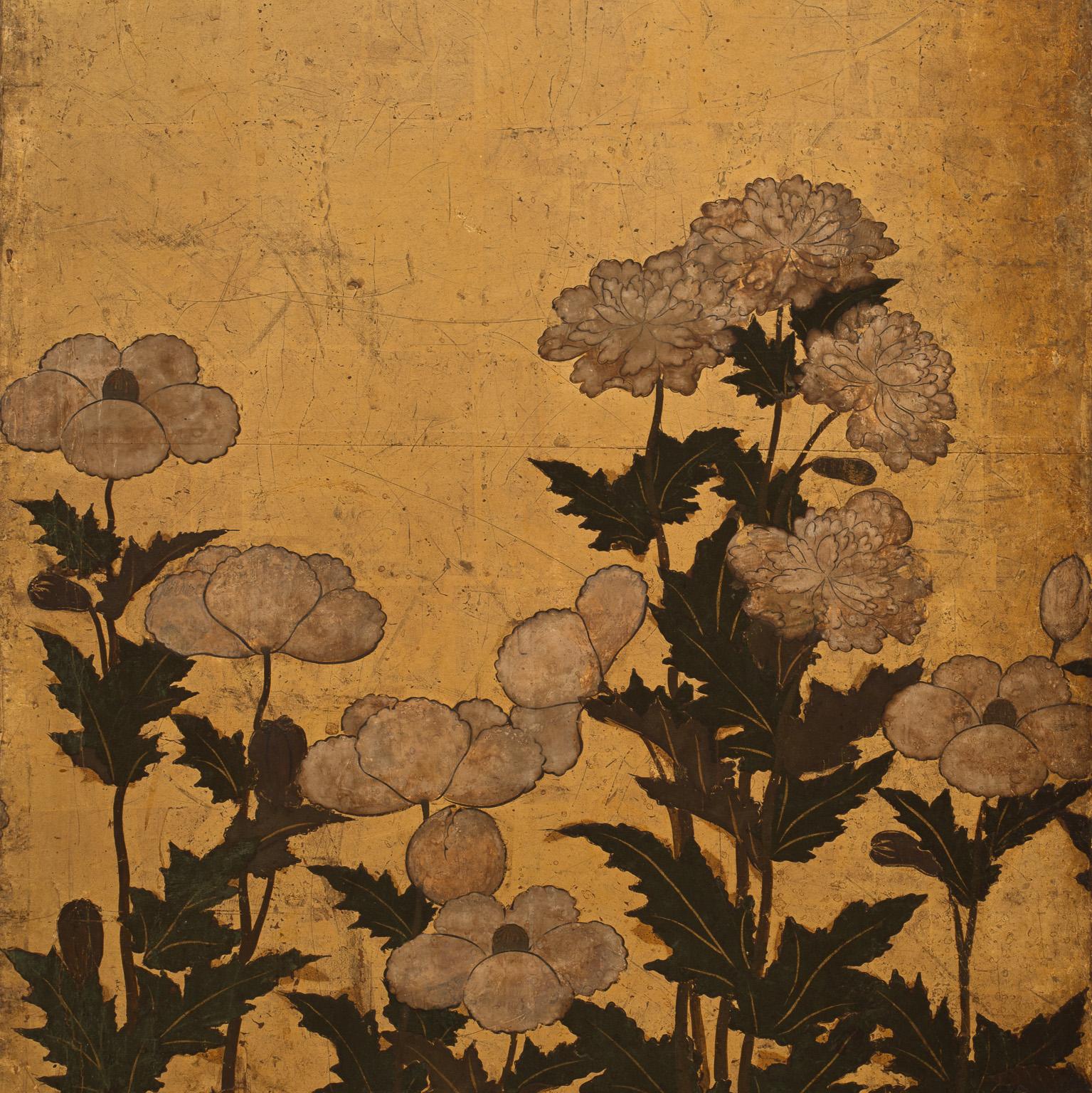 Japanischer Rinpa-Schul-Faltschirm mit Mohnblumen:: 17. Jahrhundert (Gemalt)