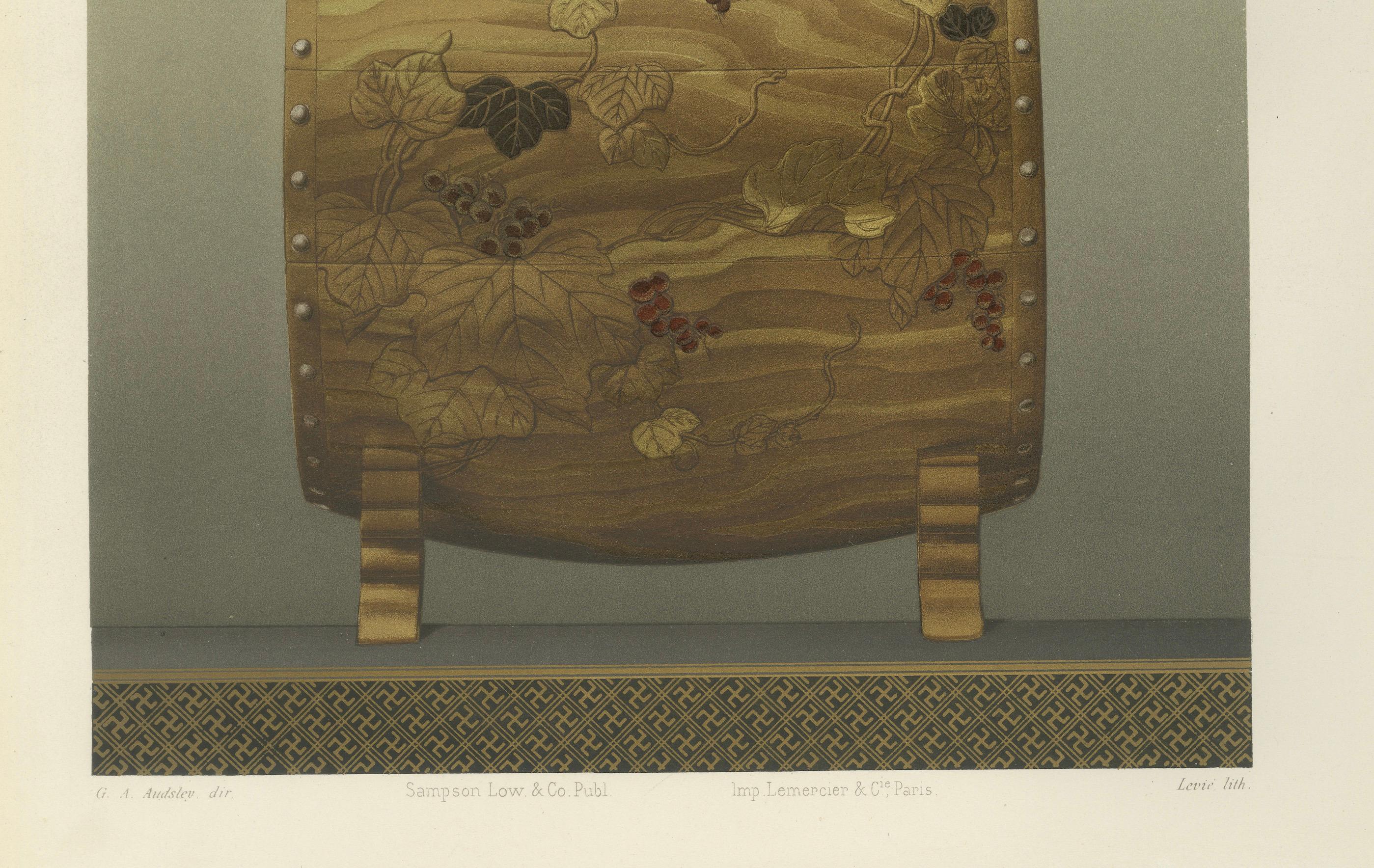 Japanese Rooster Drum Stand: Antique Lithograph, 1880s en Excelente estado para la venta en Langweer, NL