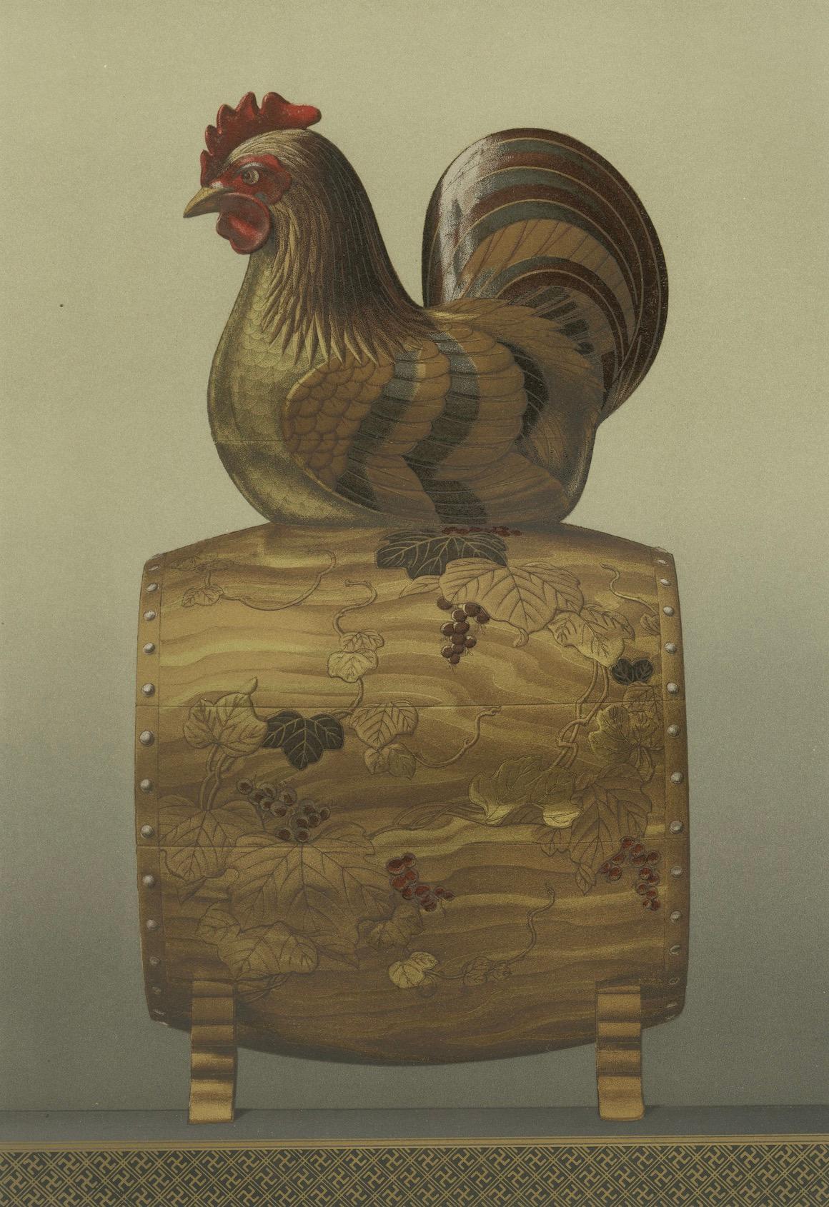 Japanese Rooster Drum Stand: Antique Lithograph, 1880s en venta 1