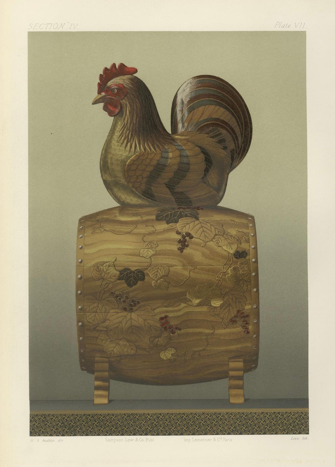 Japanese Rooster Drum Stand: Antique Lithograph, 1880s en venta 2