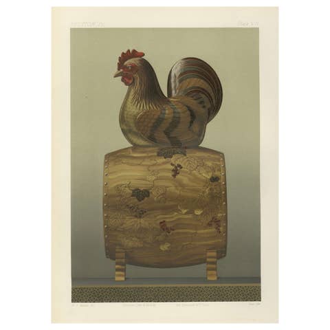 Japanese Rooster Drum Stand: Antique Lithograph, 1880s