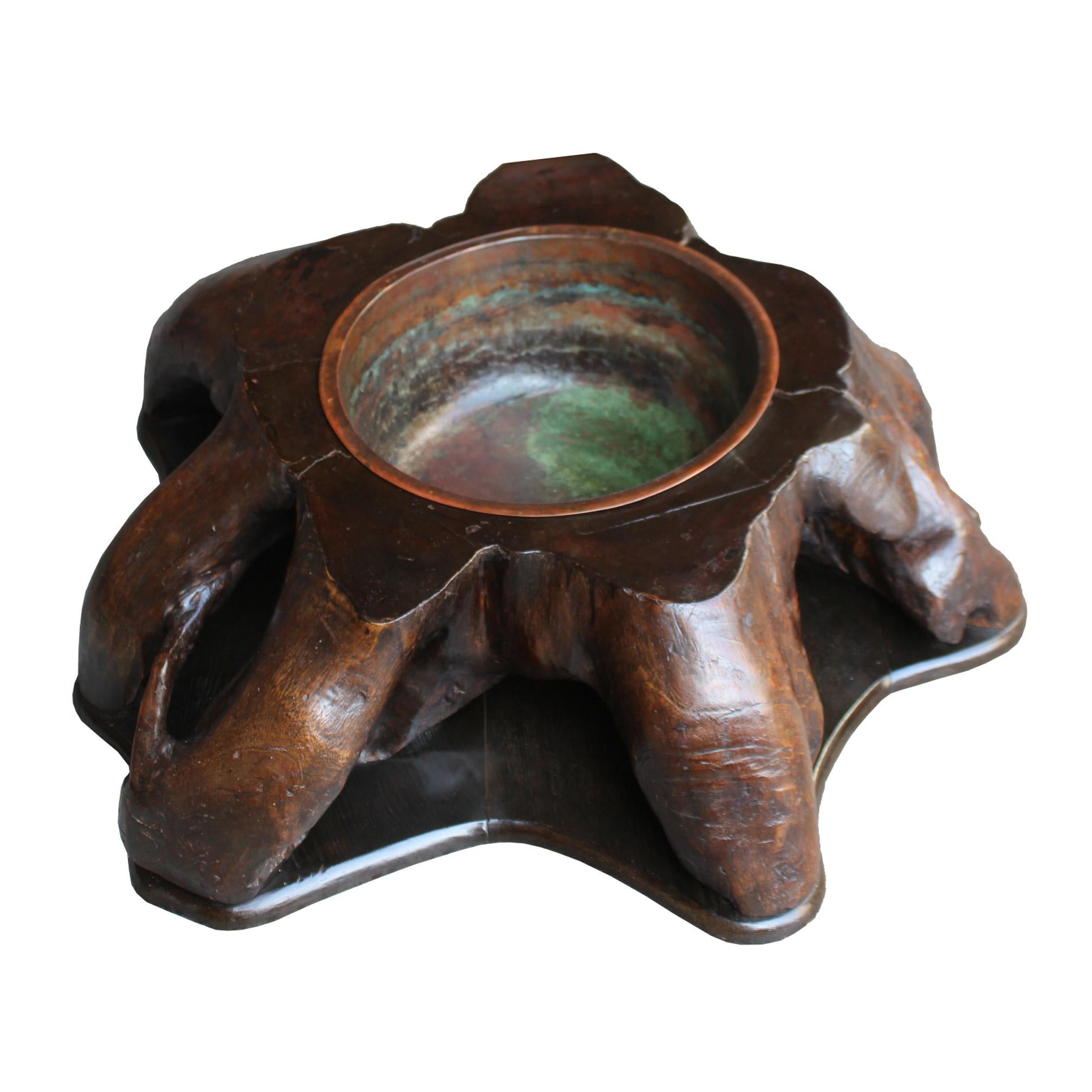 Unusual mingei (folk craft) hand warmer made from Japanese cedar tree root with copper lining was used as a hand warmer for a farmer’s family to keep warm during cold weather. Place next to a fireplace to store wood or next to an armchair for