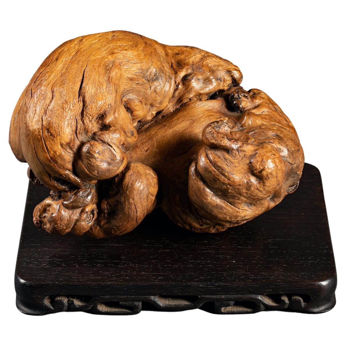 Japanese Root-Wood Sculpture of Two Shi Shi Lion Pups