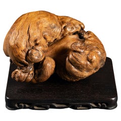Japanese Root-Wood Sculpture of Two Shi Shi Lion Pups