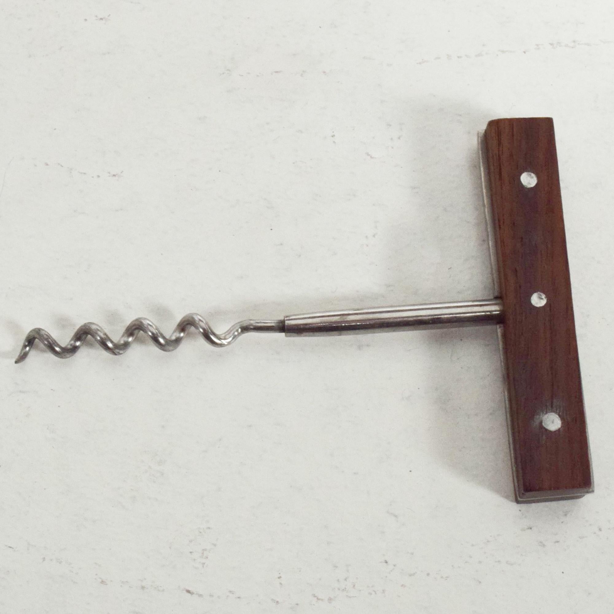 1960s Japanese Wine Bottle Corkscrew Opener in Rosewood and Stainless Steel In Good Condition In Chula Vista, CA