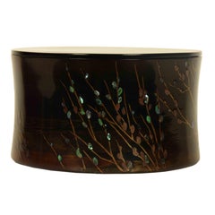 Japanese Round Lacquer Storage Box with Inlaid Abalone Shell