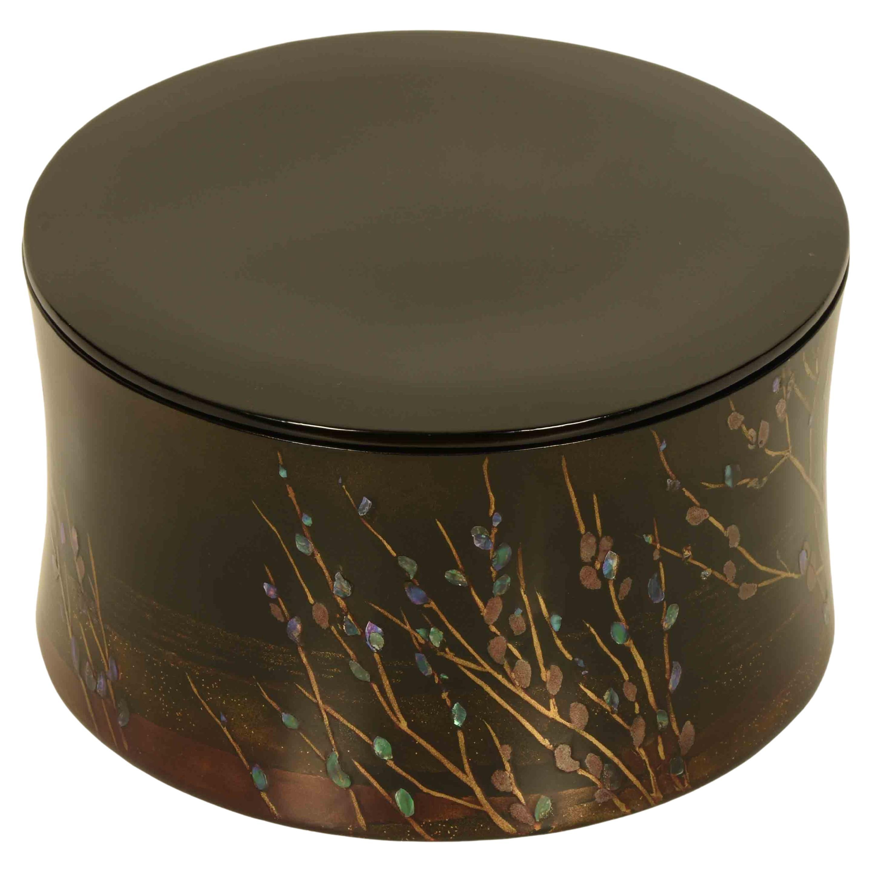 Japanese Round Lacquer Storage Box with Inlaid Abalone Shell