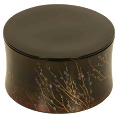 Vintage Japanese Round Lacquer Storage Box with Inlaid Abalone Shell