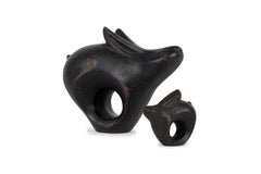 Japanese round shaped rabbits bronze pair Hiroharu Hiramatsu Showa era