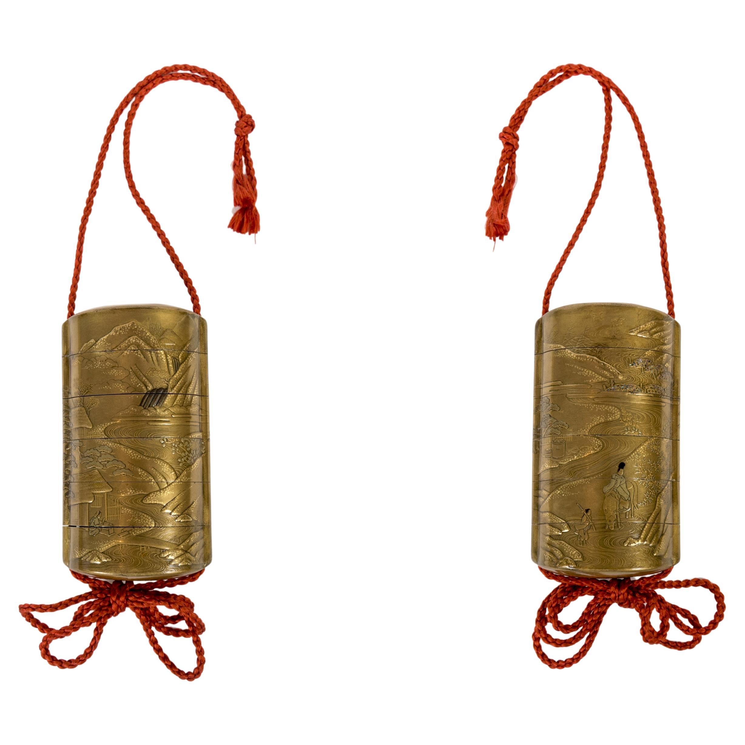 Japanese Sagemono Inro box with a maki-e decor of a Samuari in a lake landscape