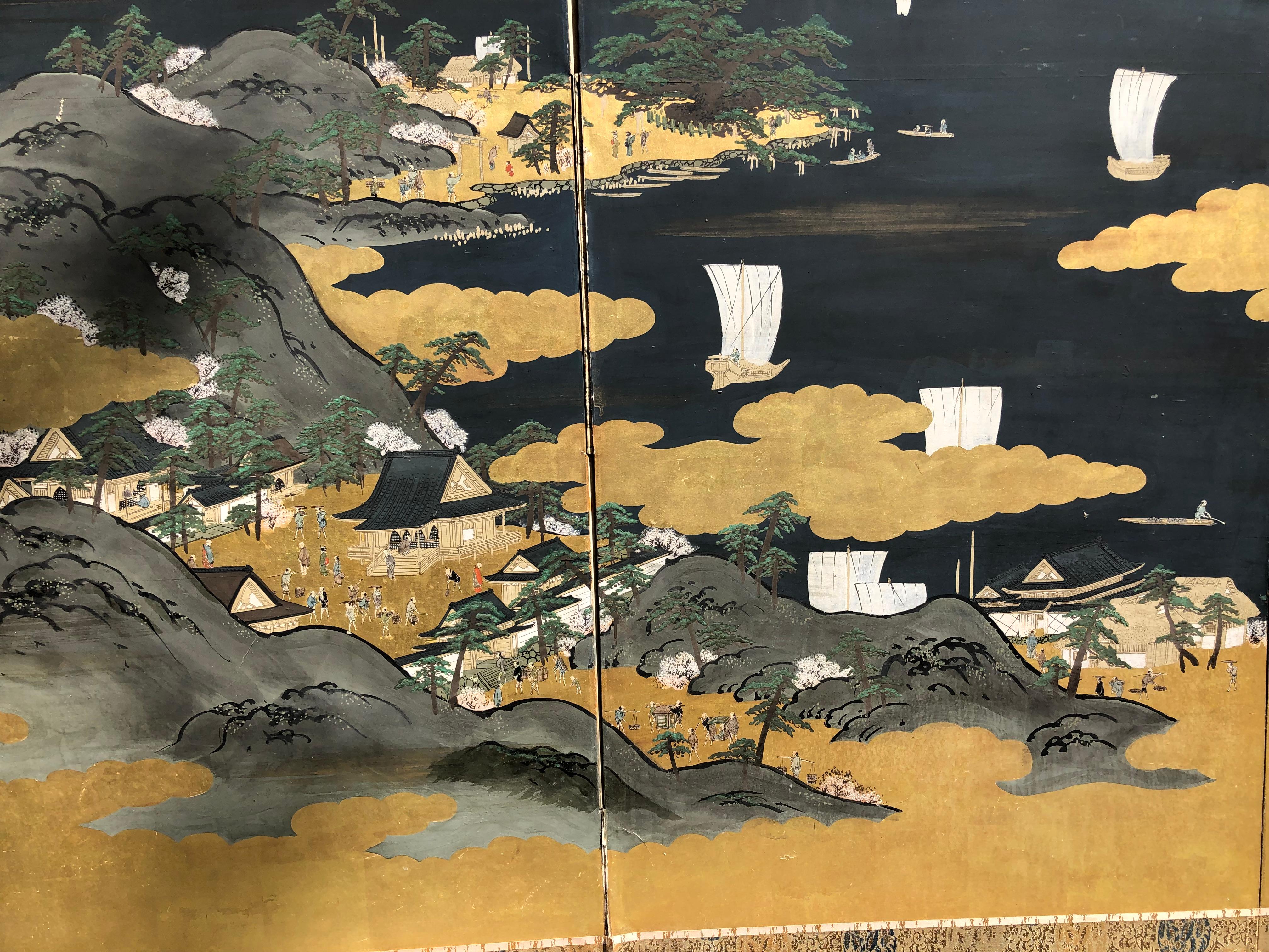 Japan, a six-panel screen Byobu depicting sailing boats on blue waters. This attractive screen dates to the 1930s-1940s.

Sail boating is a scarce motif for Japanese screens and we are pleased to have found this one on our last Japanese