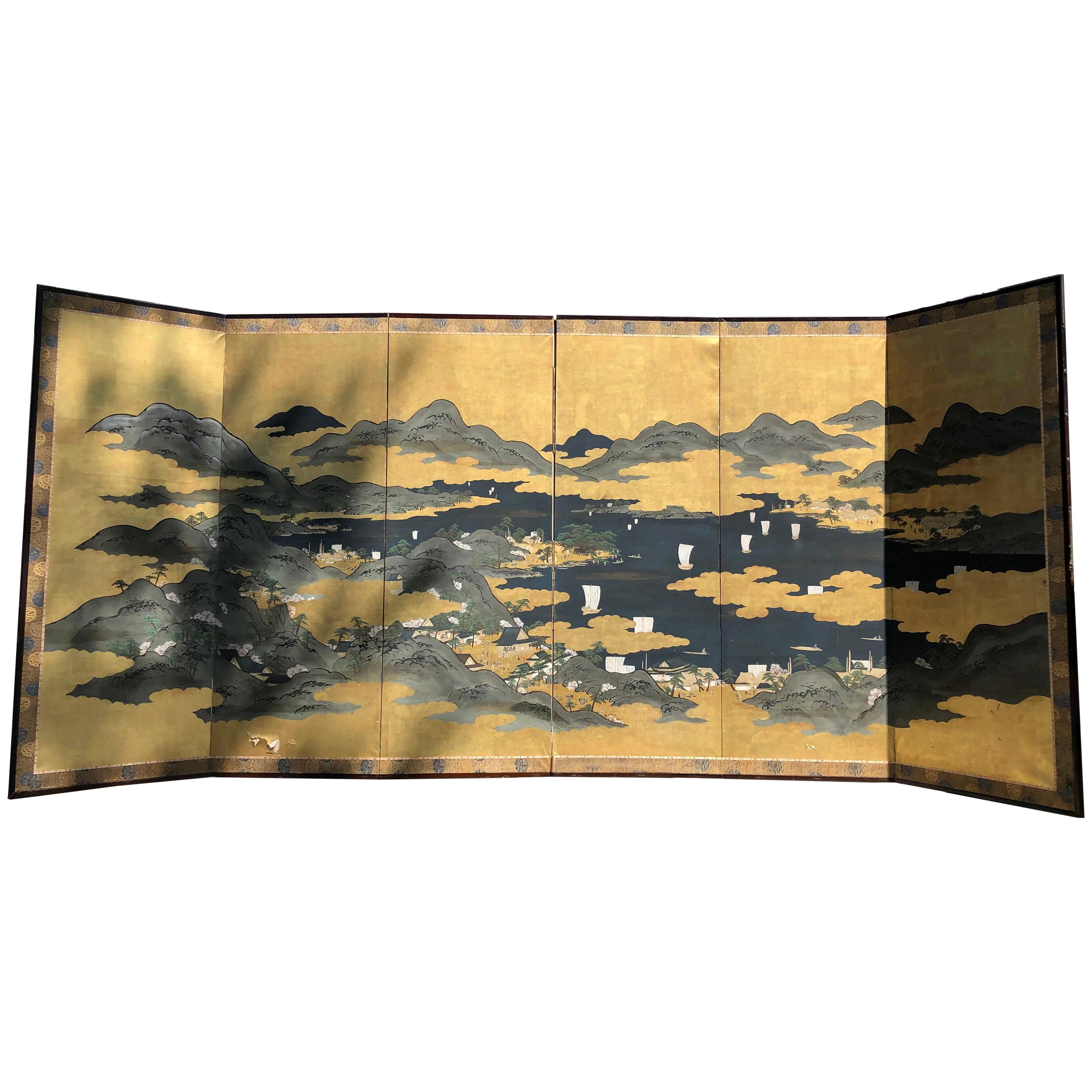 Japanese "Sail Boating on Blue Waters" Six-Panel Screen, 1930s-1940s