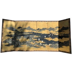 Japanese "Sail Boating on Blue Waters" Six-Panel Screen, 1930s-1940s