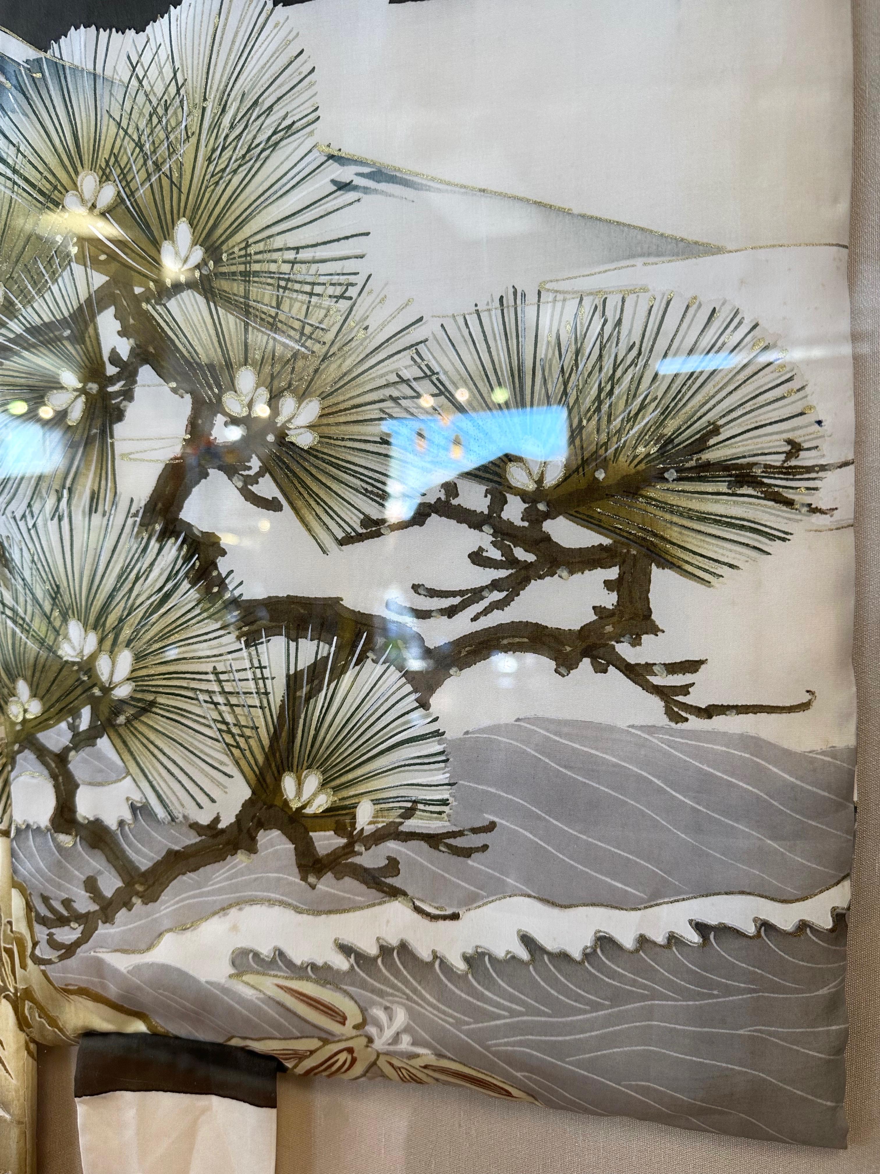 Japanese Hand-Painted and Embroidered Silk Kimono with Mt. Fuji Eagles, Framed For Sale 5