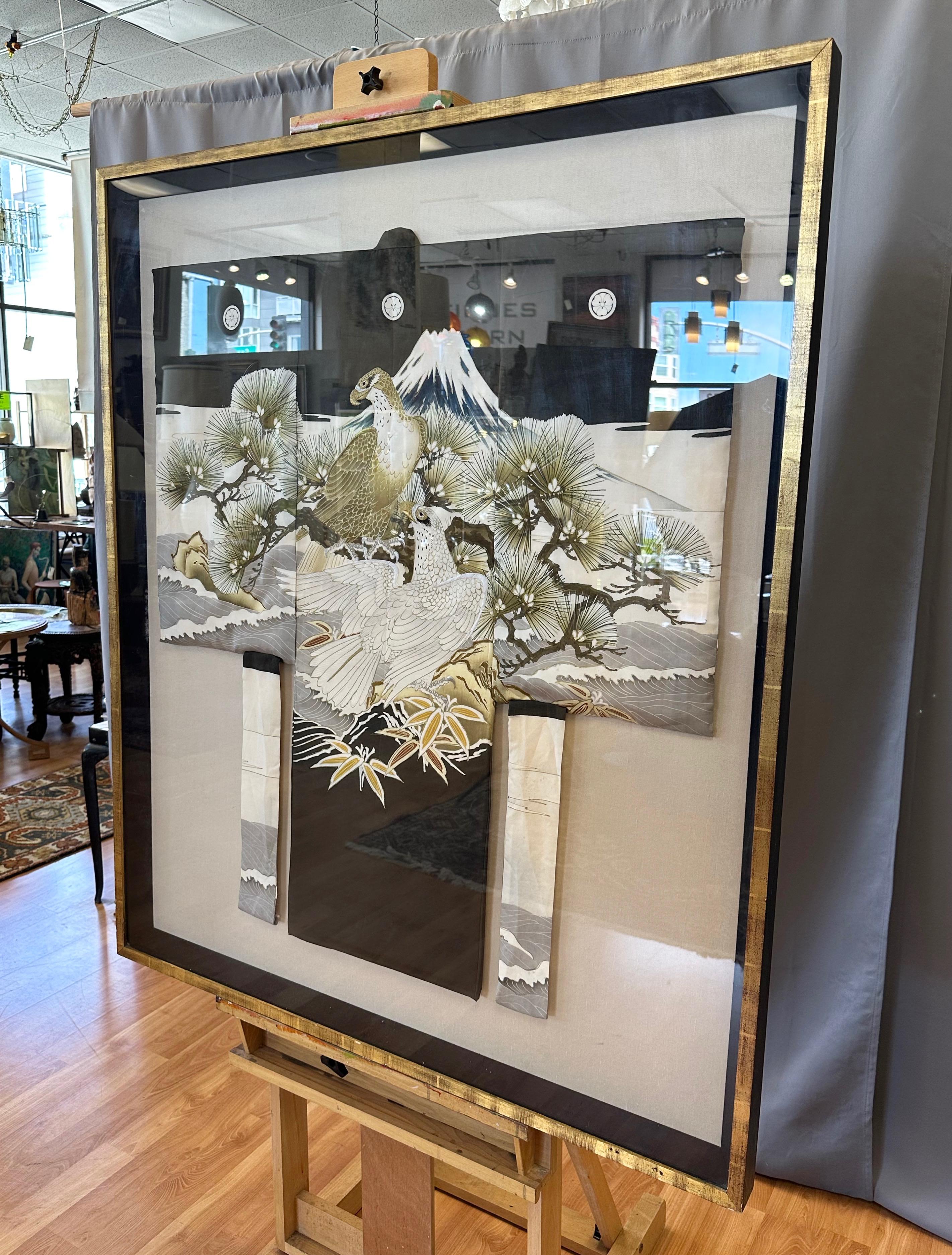 Japanese Hand-Painted and Embroidered Silk Kimono with Mt. Fuji Eagles, Framed For Sale 13