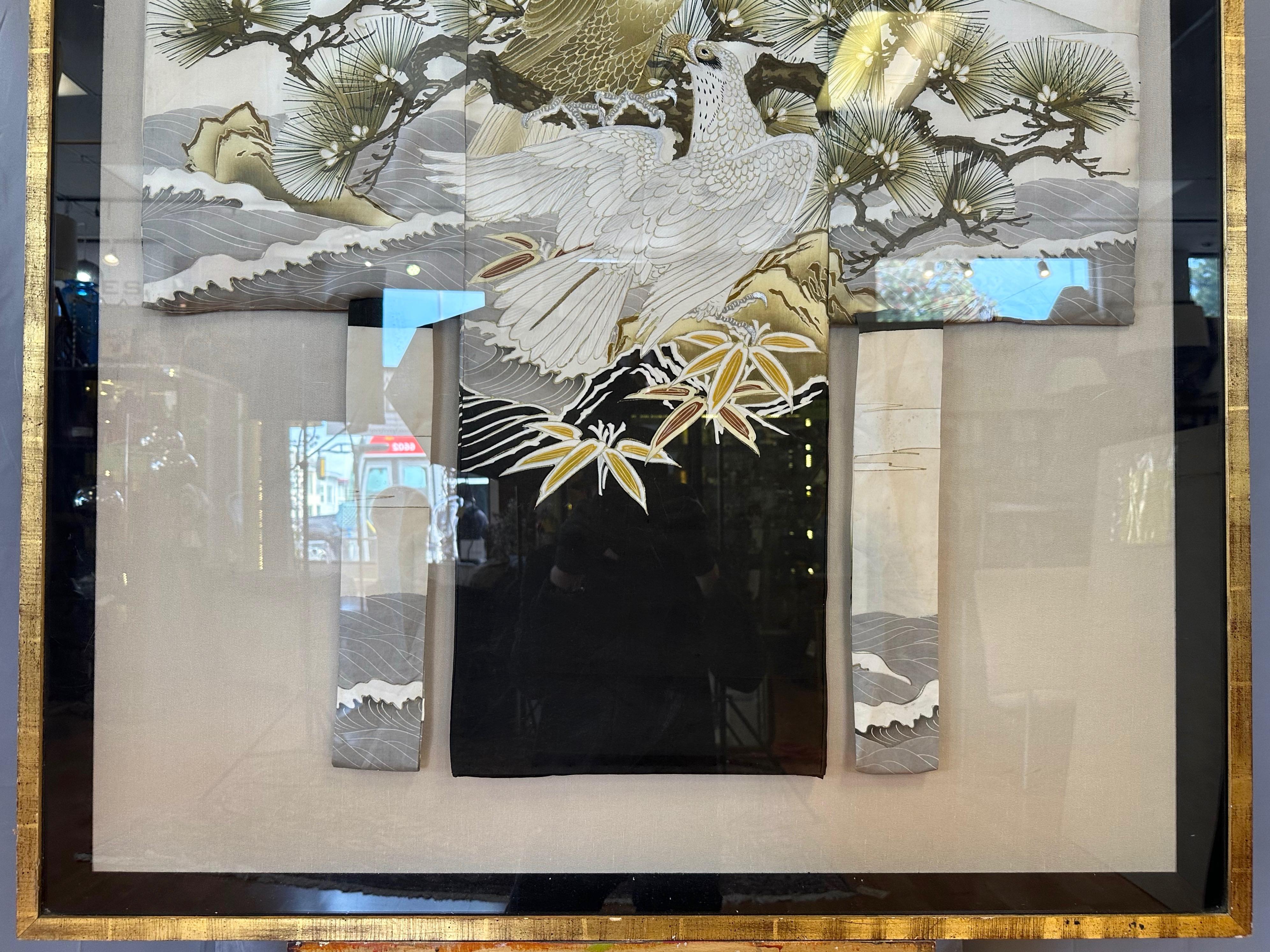 Japanese Hand-Painted and Embroidered Silk Kimono with Mt. Fuji Eagles, Framed In Good Condition For Sale In San Francisco, CA