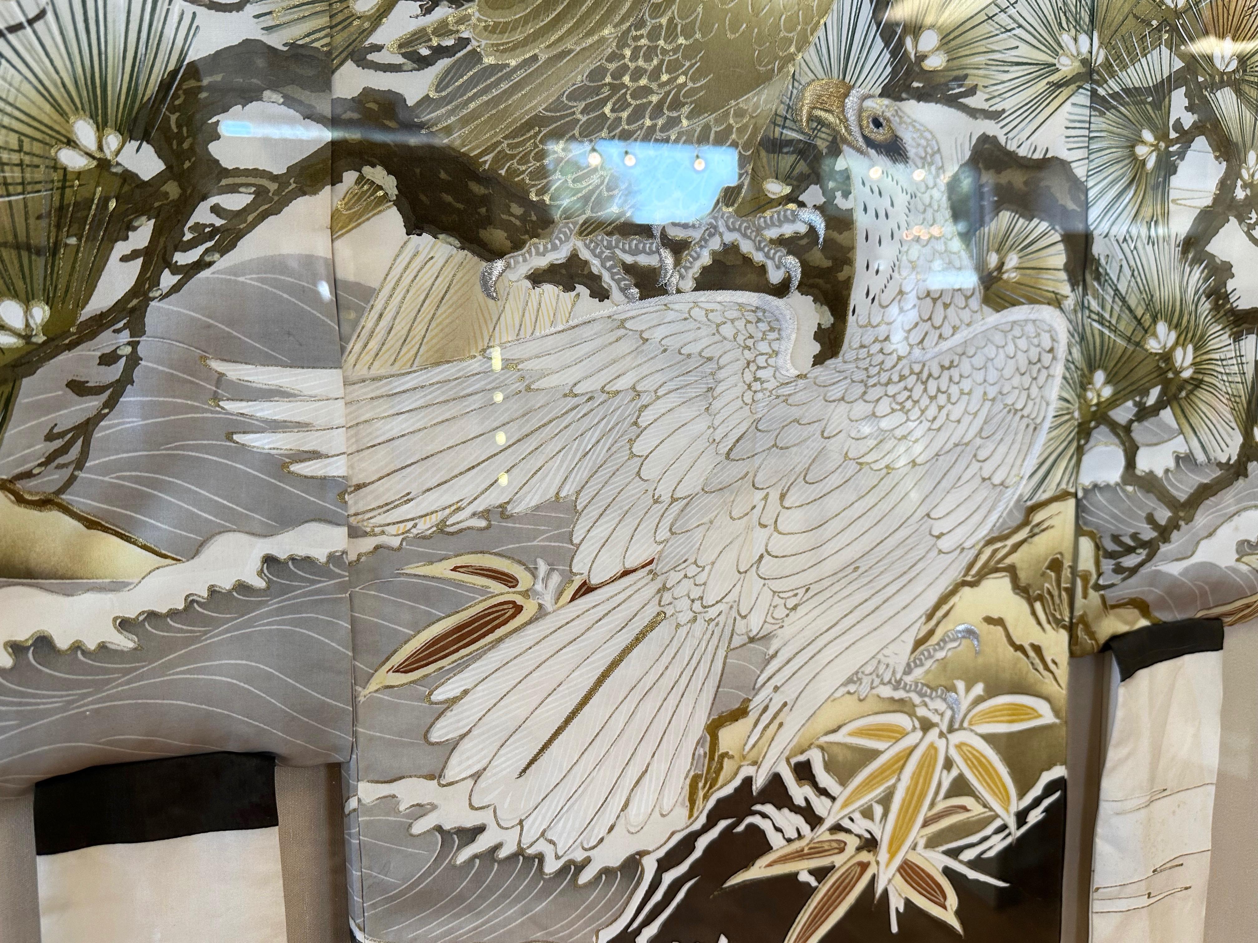 Japanese Hand-Painted and Embroidered Silk Kimono with Mt. Fuji Eagles, Framed For Sale 2