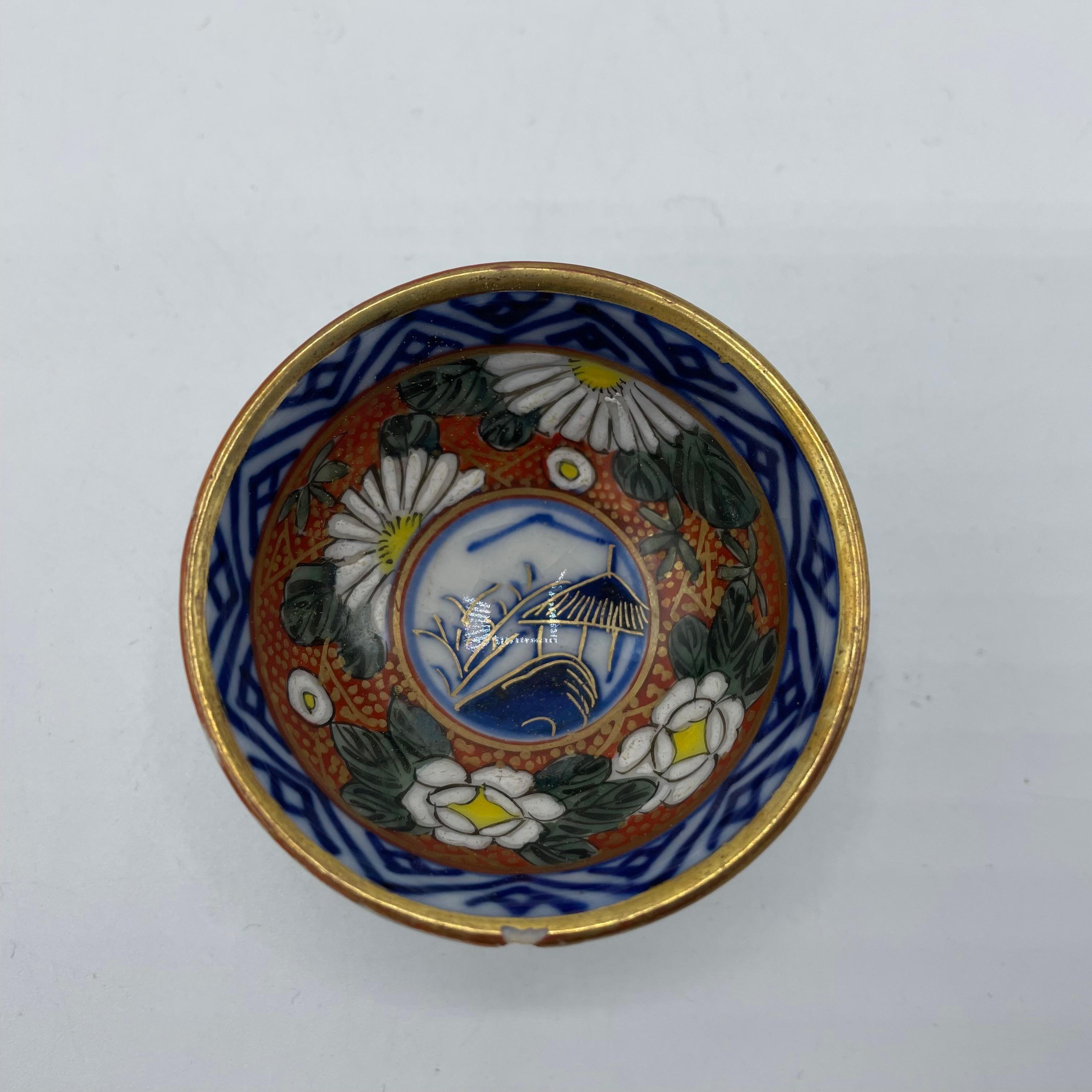 Hand-Painted Japanese Sake cup 1970s Showa Porcelain Chrysanthemum and Landscape Kutani ware For Sale