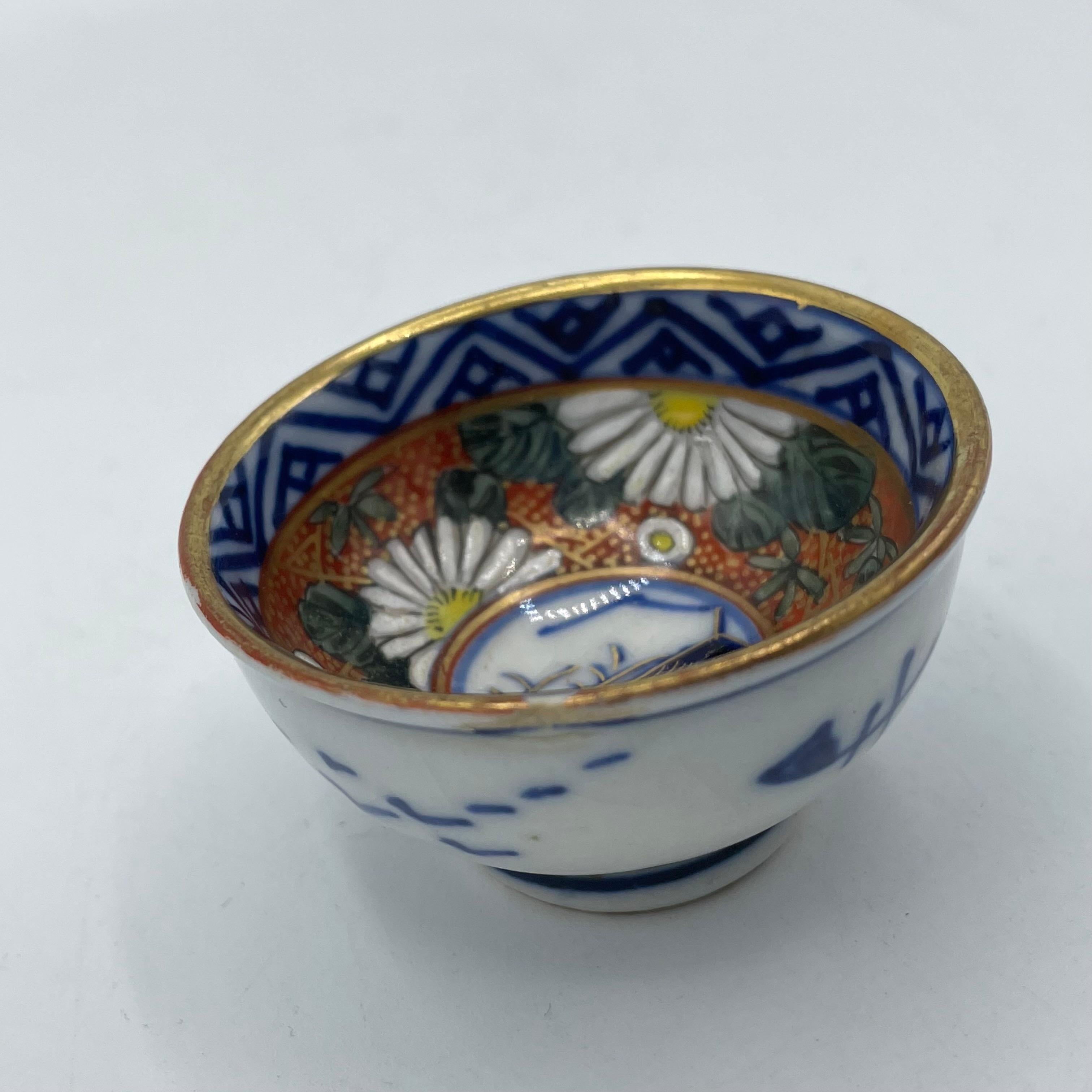 Late 20th Century Japanese Sake cup 1970s Showa Porcelain Chrysanthemum and Landscape Kutani ware For Sale