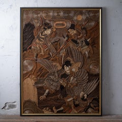 Japanese Samurai Battling Tengu Embroidered Tapestry, 19th Century