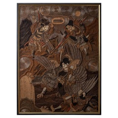 Japanese Samurai Battling Tengu Embroidered Tapestry, 19th Century