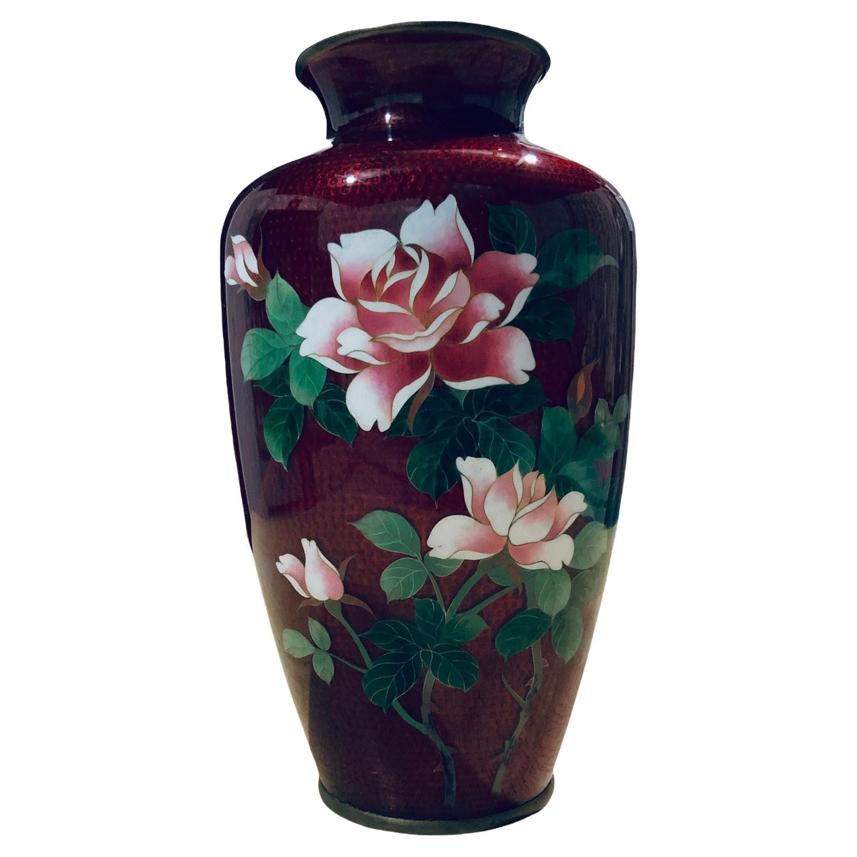 Japanese Sato Ando Ginbari Style Cloisonné Enamel Red Foil Urn Vase