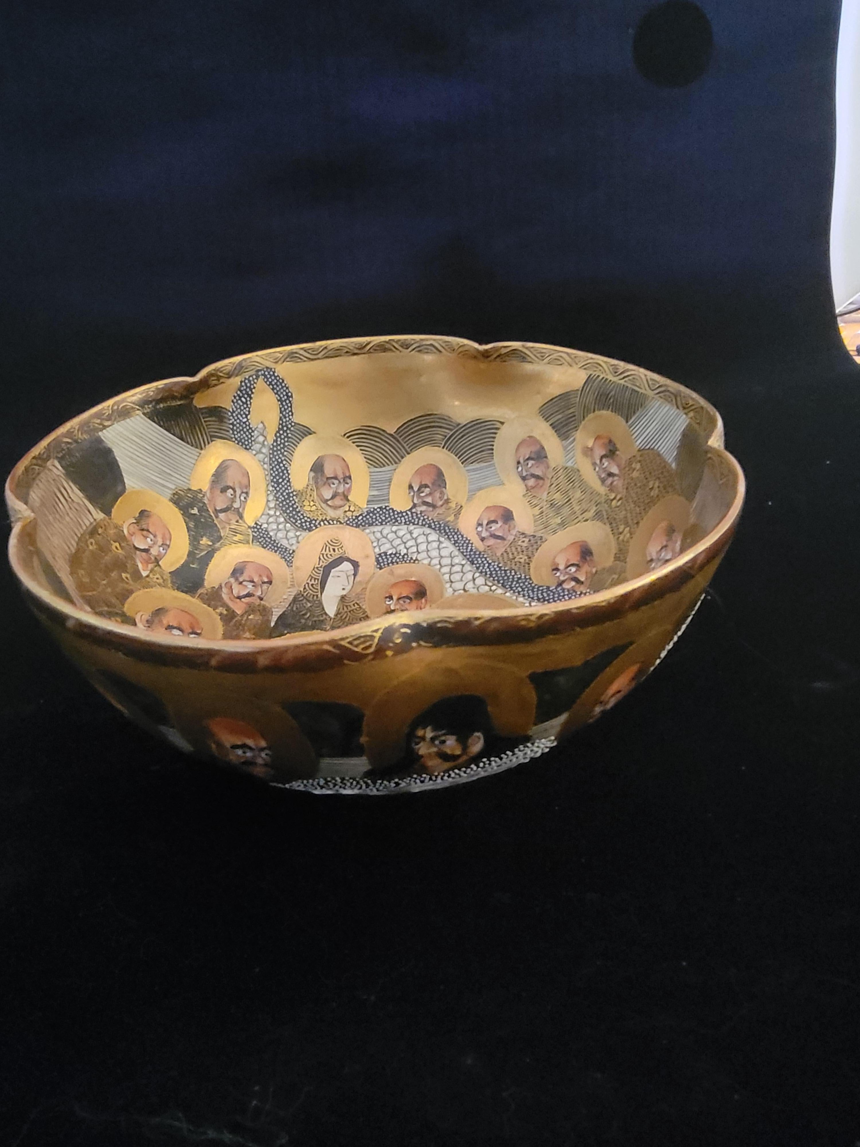 Hand-Painted Japanese Satsuma Bowl of the Immortals, Signed For Sale