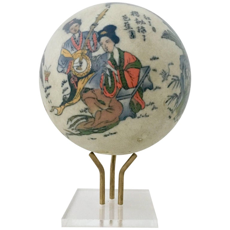 Japanese Satsuma Ceramic Geisha Sphere Sculpture and Stand For Sale at