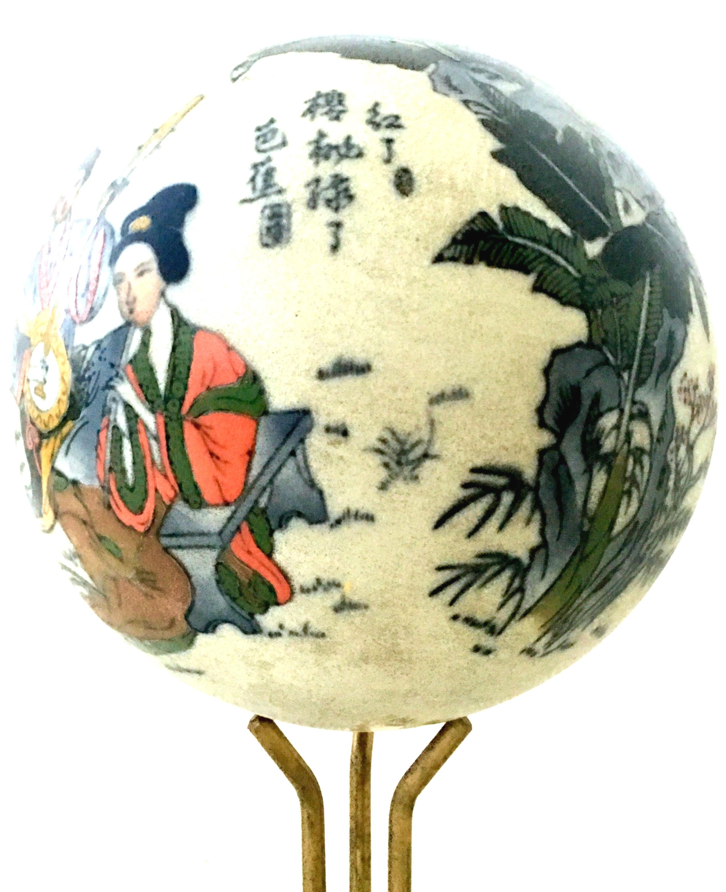 Hand-Painted 20th Century Japanese Satsuma Ceramic Geisha Sphere Sculpture & Stand For Sale