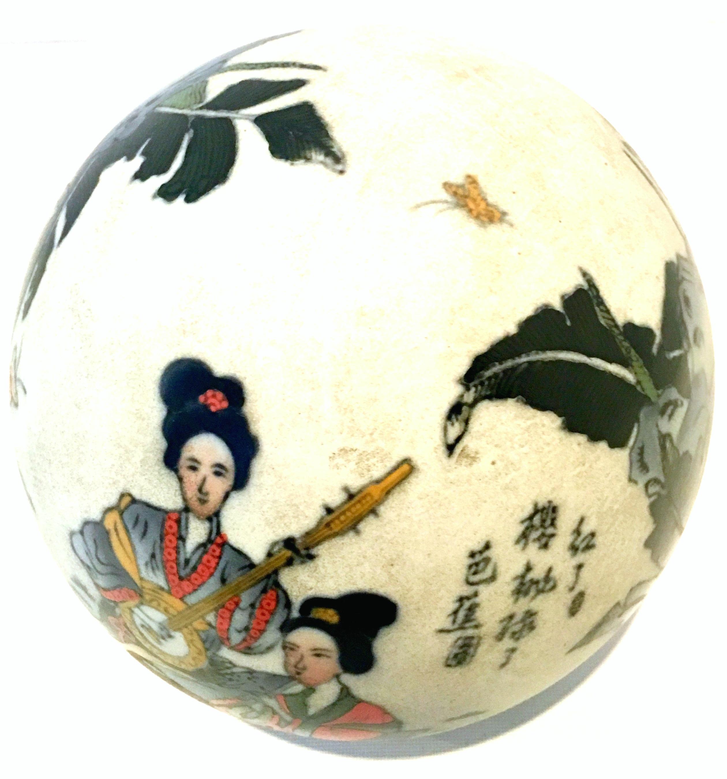 Paint 20th Century Japanese Satsuma Ceramic Geisha Sphere Sculpture & Stand For Sale