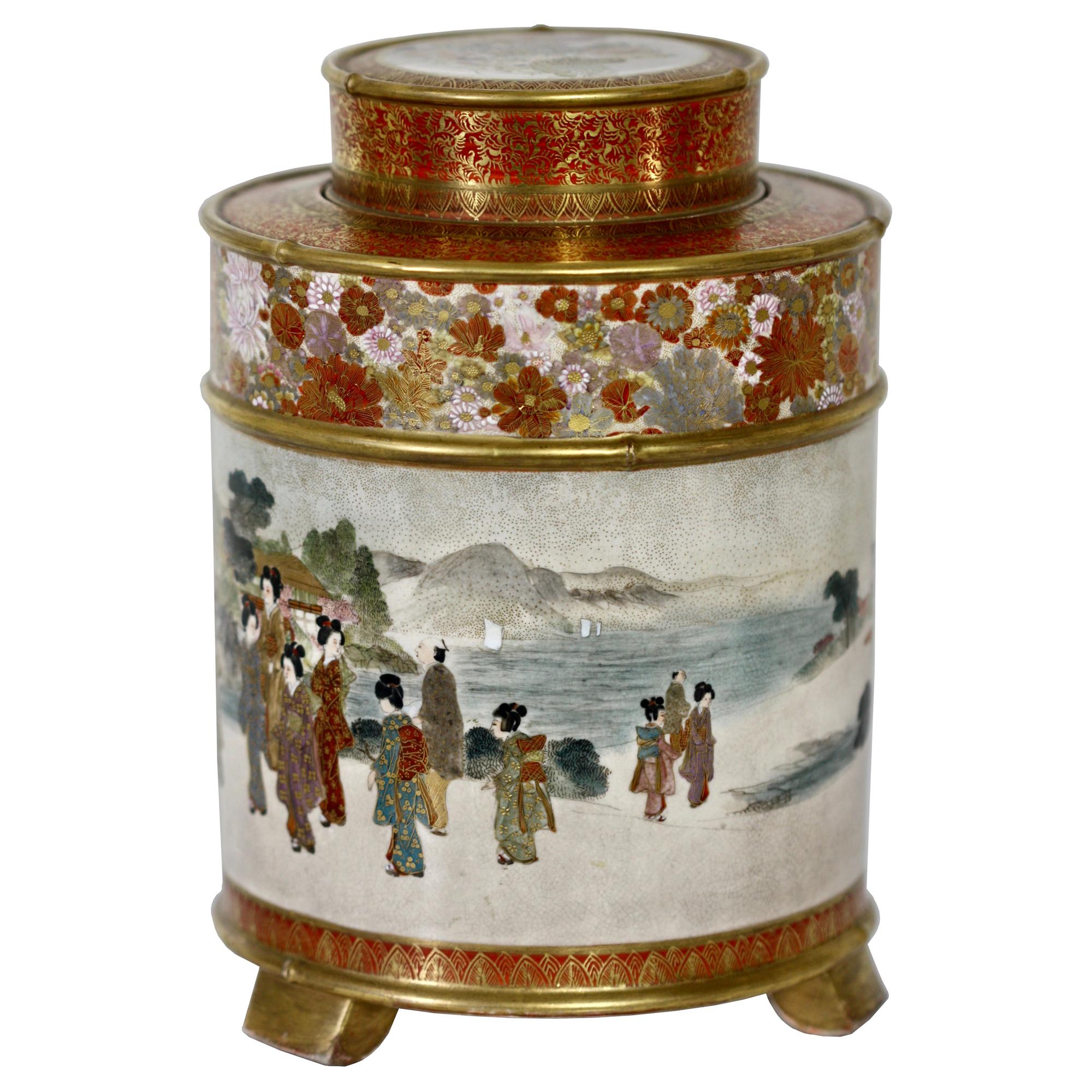 Japanese Satsuma Cylindrical Koro and Cover, Signed Gyokuzan, Meiji Period For Sale