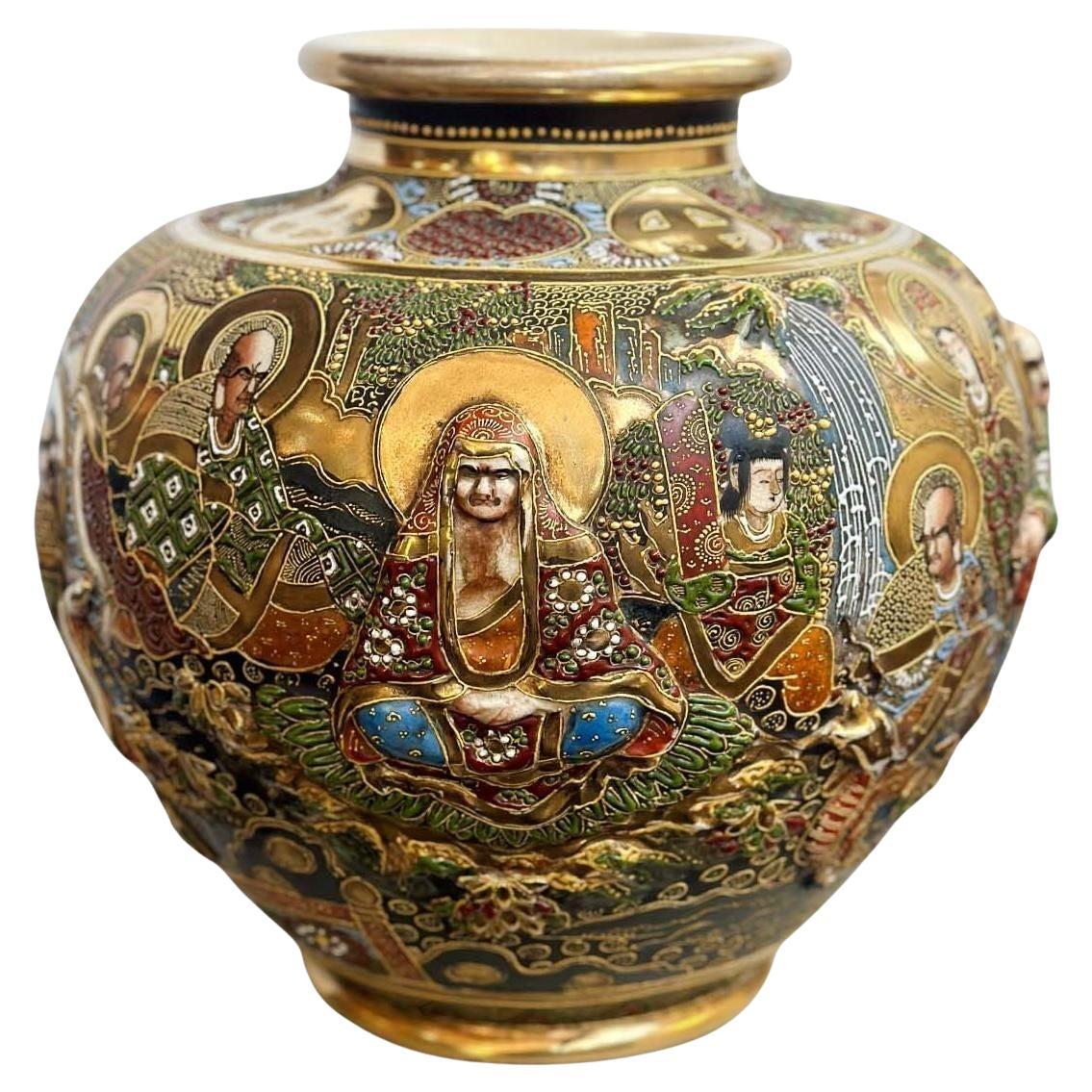 Japanese Satsuma Gilt Porcelain Immortals Vase, c. 1900's For Sale