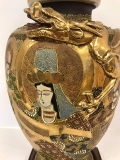 Japanese Satsuma Gold Gilt Urn Dragon Lamp with Mahogany Base