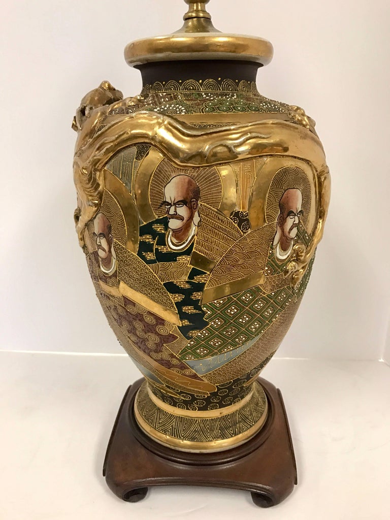 Japanese Satsuma Gold Gilt Urn Dragon Lamp with Mahogany Base at 1stDibs