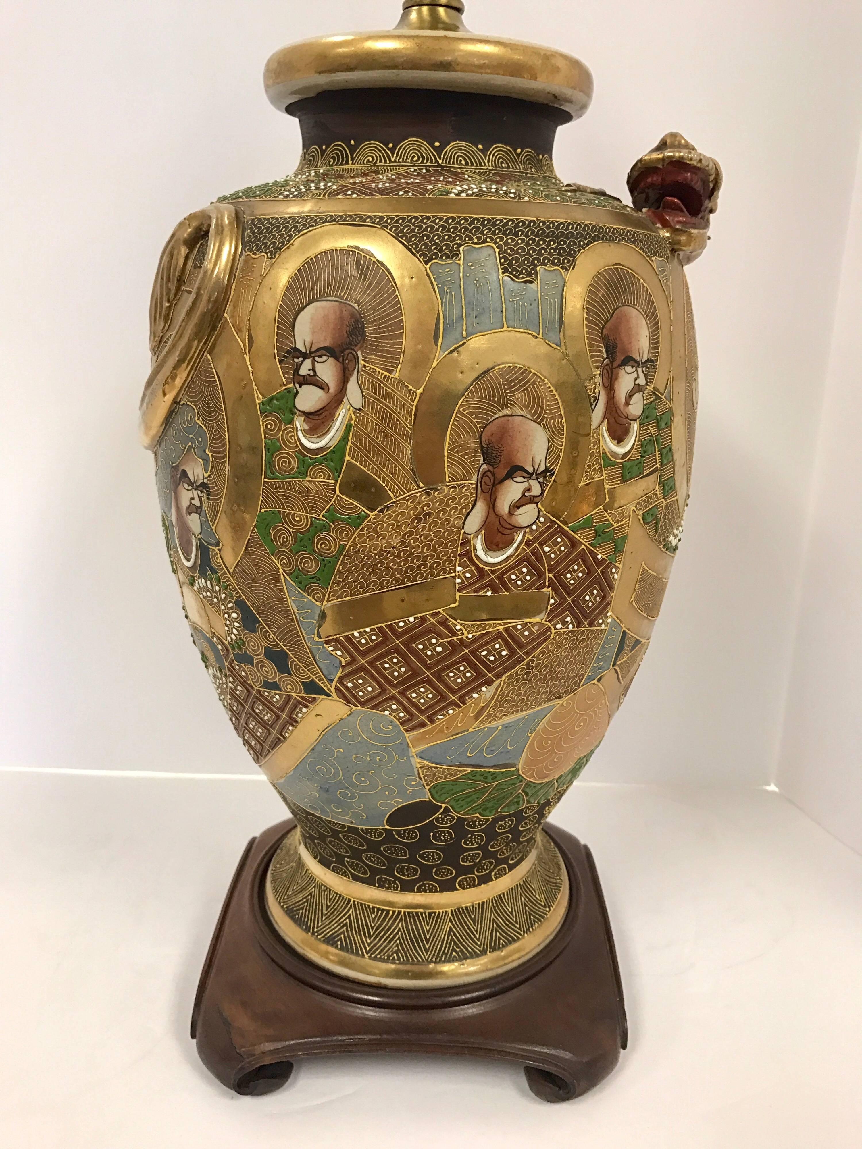 Japanese Satsuma Gold Gilt Urn Dragon Lamp with Mahogany Base In Excellent Condition In West Hartford, CT