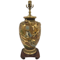 Japanese Satsuma Gold Gilt Urn Dragon Lamp with Mahogany Base