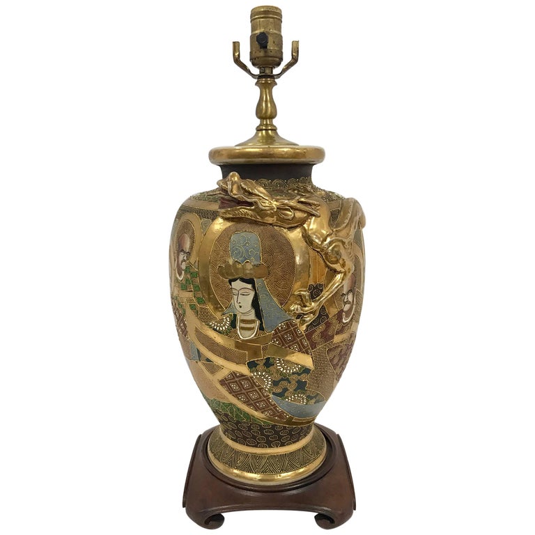 Japanese Satsuma Gold Gilt Urn Dragon Lamp with Mahogany Base at 1stDibs