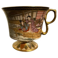 Antique Japanese Satsuma Handled and Stemmed Tea Cup, Meiji Period, Japan