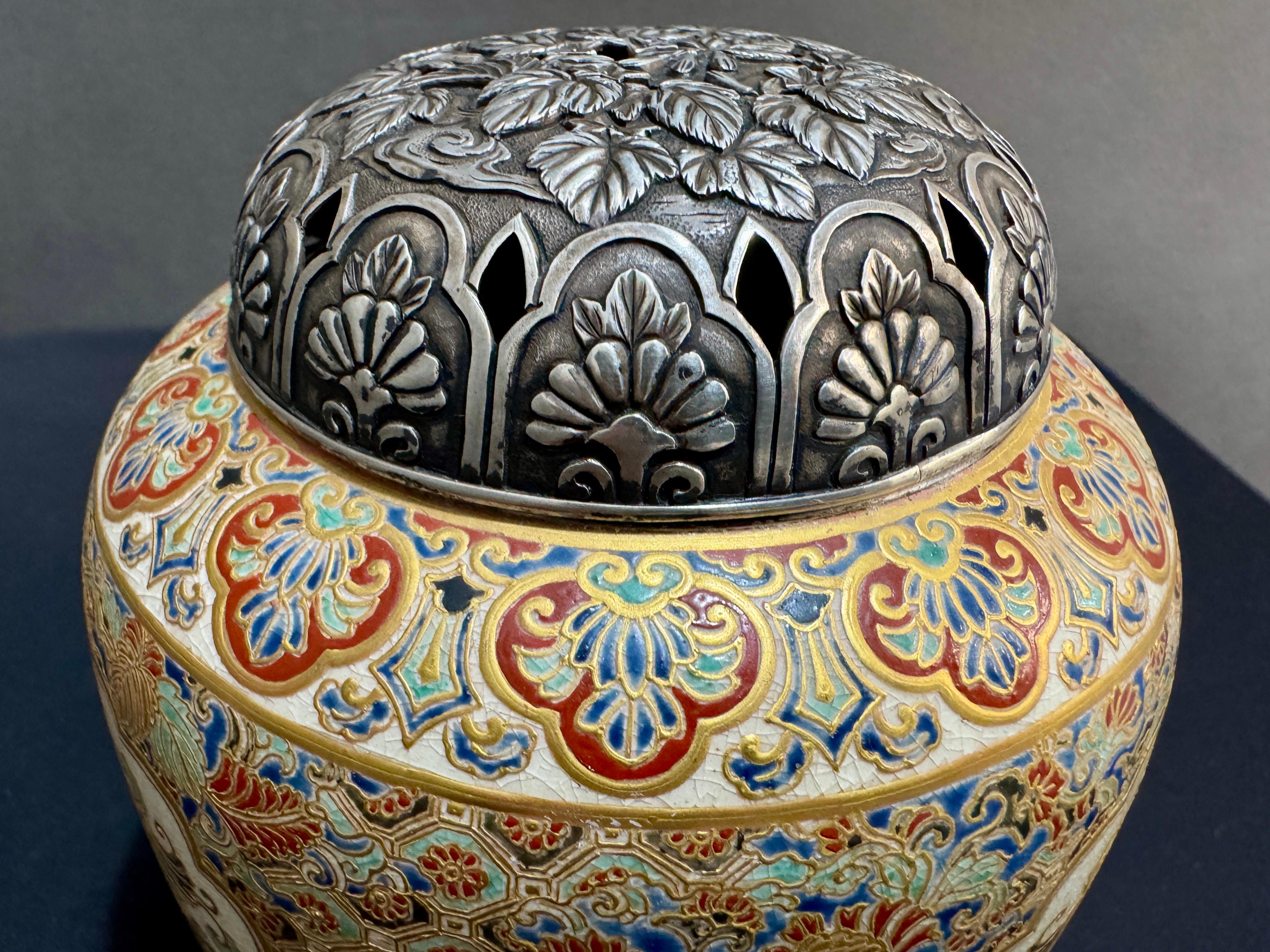 Japanese Satsuma Incense Burner, Koro, with Silver Lid, Meiji Period, Japan For Sale 10